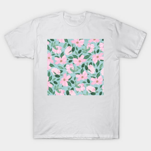 Pink Roses Floral Painting Powder Blue T-Shirt by NdesignTrend